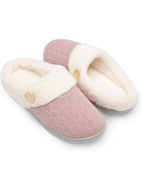 Women's Pink Warm Comfy Memory Foam Knitted Shoes Faux Fur Lined Slippers
